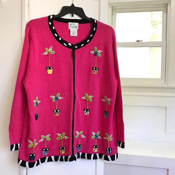 Quacker Factory Sweaters - QUACKER FACTORY Zip Cardigan Sweater Whimsical Palm Tree Pink Women’s Size 1X 2X